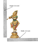 Brass Krishna flute statue with multicolor jeweled tunic and crown, 9.5 inch size