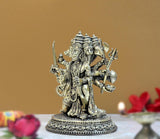 Panchmukhi Hanuman brass idol figurine, side view with weapons and engraved base