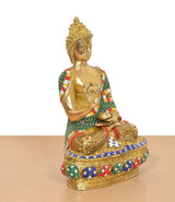 Brass Abhaya Mudra Buddha idol, side view, multicolor jeweled robe, ornate gold base