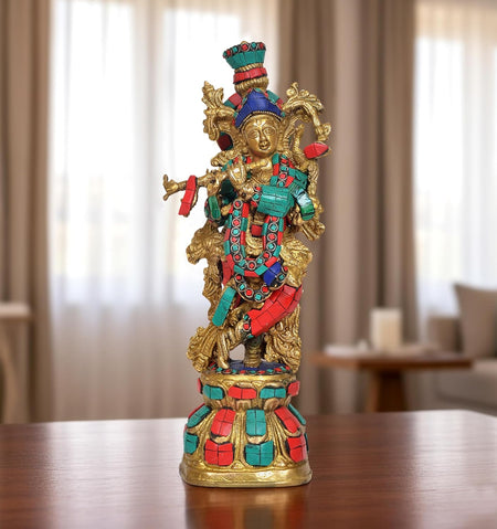 Brass Lord Krishna Sculpture (Height: 12.5 Inches)