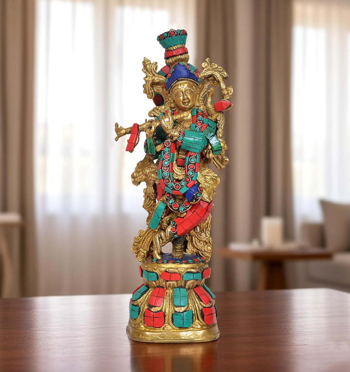 Krishna brass sculpture, multicolor jeweled attire and crown, full figure on base