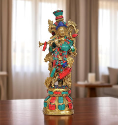 Krishna brass sculpture, multicolor jeweled attire and crown, full figure on base
