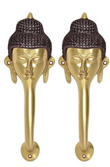 Buddha face brass door handle, set of 2 with dark crown detail