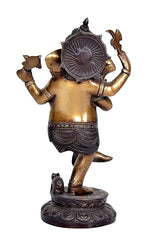 Back view brass Ganesha idol with large circular disc on head, four arms, base