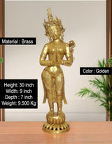 Brass Namaste Standing Tara murti, 30 inch, golden color, front with specs