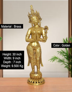 Brass Namaste Standing Tara murti, 30 inch, golden color, front with specs