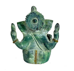 Grüne Ganesha-Statue, frontal schräg, vier Arme, goldene Linien am Gewand