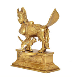 Kamadhenu cow statue with wings and calf, brass finish, engraved pedestal for mandir