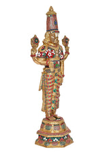Three-quarter view brass Balaji statue on decorated base with multicolour motifs