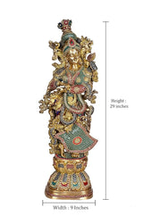 Brass Radha idol statue, 29 in height, width 9 in; jeweled green-red attire