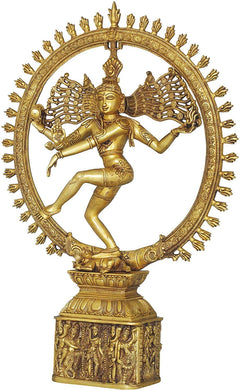 Brass Nataraja Shiva idol on detailed pedestal base, dancing pose with halo ring