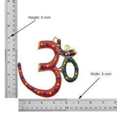OM wall hanging with height 5 in and width 5 in measurement markings; brass beadwork