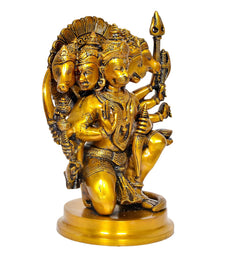 Panchmukhi Hanuman brass idol figurine, rear-side view with multiple faces and spear raised