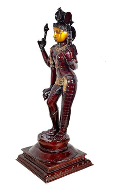 Brass Ardhanarishvara Shiv Parvati statue in profile, raised arms with tridents