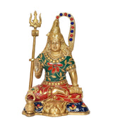 Brass Shiva Shiv Murti, trident in hand, blue-red base, painted jewelry, 7 inch