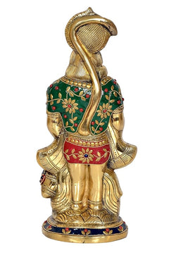 Brass Hanuman idol back view, arched headpiece with green and red inlay