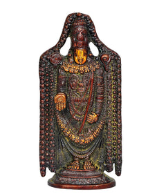Brass Lord Balaji idol with beaded halo, green-gold drapery, and crown detailing