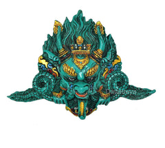 Teal Kirtimukha resin wall ornament with gold headdress, layered brows and fangs