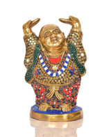 Brass laughing Buddha standing statue with raised arms, smiling face, jeweled robe details