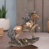 Polyresin running horse showpiece with bronze finish, rearing, floral base