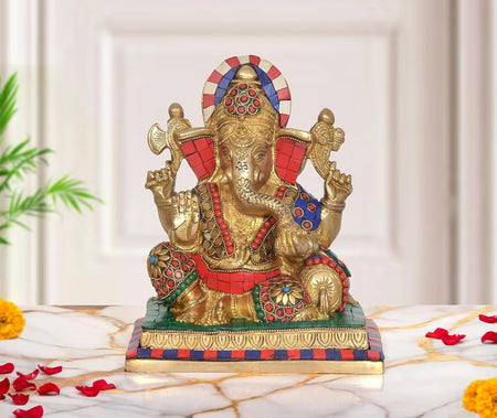 Brass Sitting Lord Ganesha Idol (Height 8 Inch) (Multicolor)