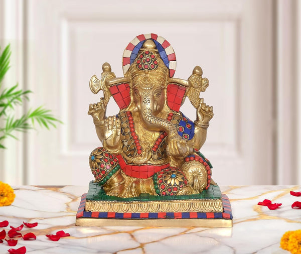 Brass Sitting Lord Ganesha Idol (Height 8 Inch) (Multicolor)