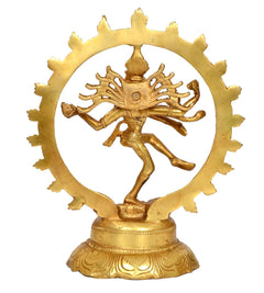 Brass Nataraj Lord Shiva statue close-up: dancing arms within circular ring halo