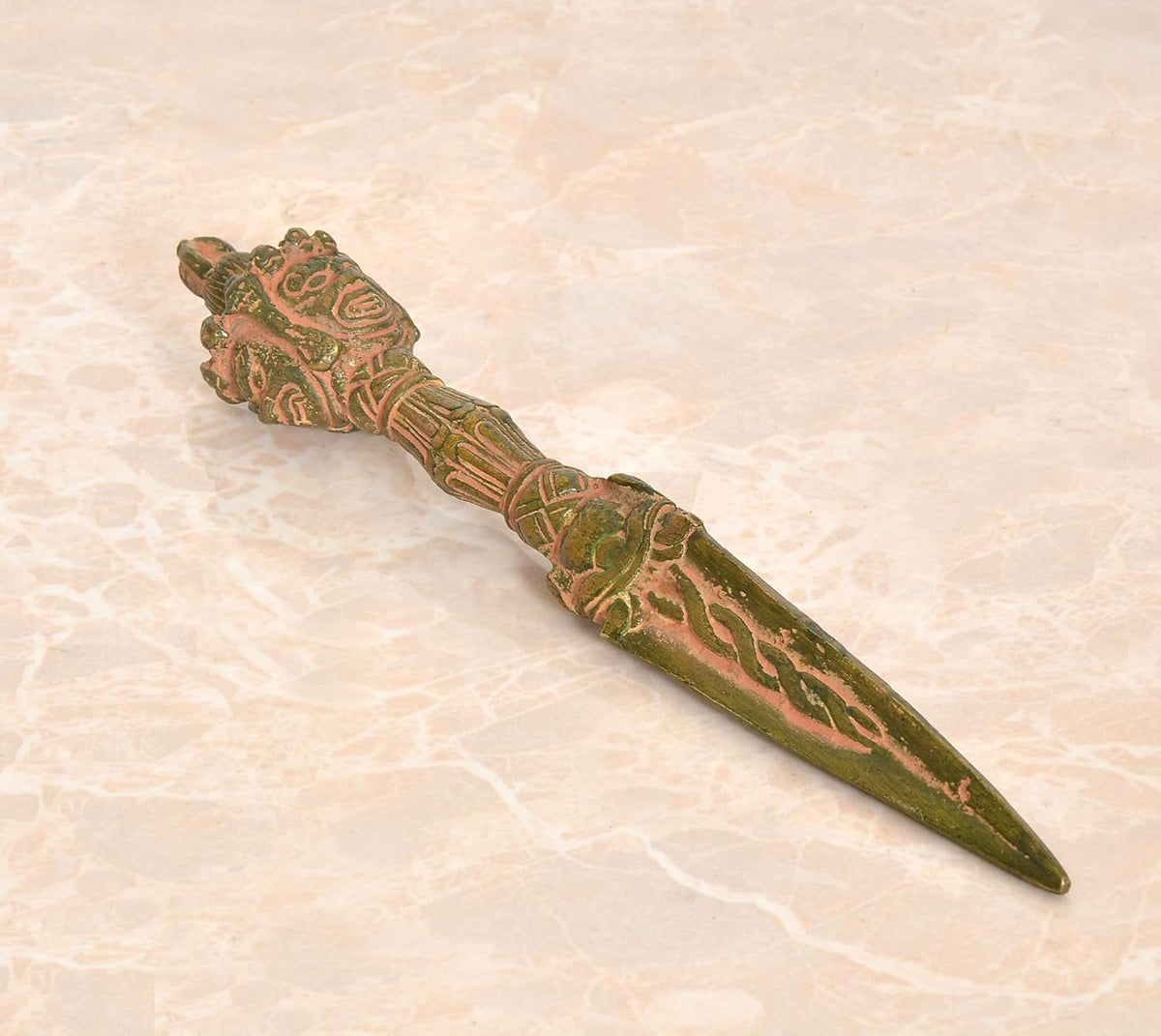 Multicolored brass dorje vajra furba dagger pendant with ornate handle and pointed blade