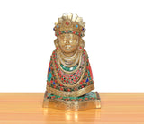 Brass Khatu Shyam idol, front view, beaded necklace and jeweled crown on 8-inch base