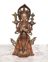 Brass Tara Devi statue front view, seated pose with detailed jewelry and halo