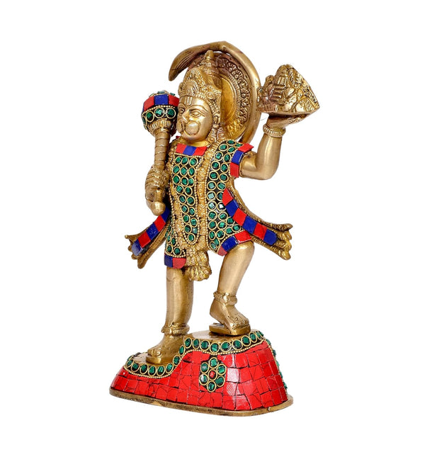 Brass Hanuman JI with Mountain Statue Idol Sculpture Statue Home Decor (Height: 9 Inch) Study Setting