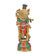 Krishna sculpture rear view, gold halo and multicolor armor, standing on pedestal