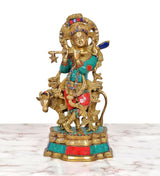 Krishna brass idol playing flute with cow companion, detailed crowns and beaded jewelry