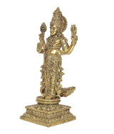 Brass standing Kartikeya figurine, three-quarter view, jeweled armor and pedestal