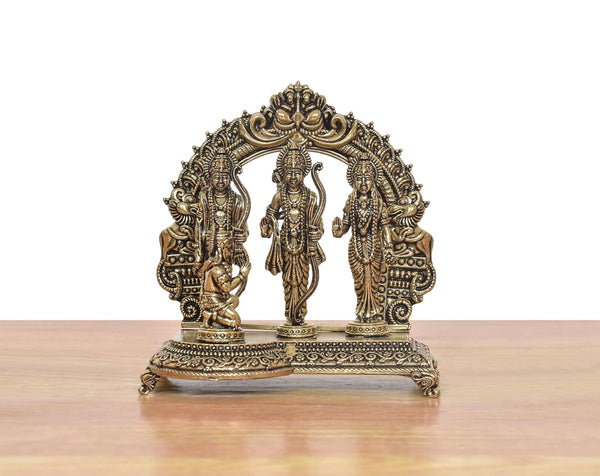 Superfine Brass Ram Darbar with Sita Lakshman Hanuman on Carved Frame with Kirtimukha Statue (Height: 3 Inches) Study Setting