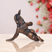 Bal Gopal Krishna laddu idol, low crawl pose, dark copper finish