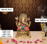 Brass Ganesha statue with multicolor jeweled design; 6 inch height, on display base