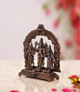 Copper Vishnu Shridevi and Bhudevi statue, side view of arched backdrop and three figures