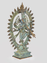 Bronze Nataraj Shiva statue with multi arms, arch halo with spikes, blue-green patina finish