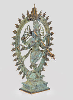 Bronze Nataraj Shiva statue with multi arms, arch halo with spikes, blue-green patina finish