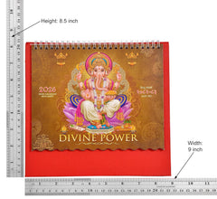 Desk calendar with size guide: height 8.5 inch and width 9 inch, plus Divine Power cover