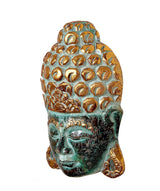 Buddha mask wall hanging from side, turquoise face with gold patterned head
