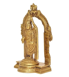 Brass Balaji idol statue side view with ornate arch and detailed body, decorative base
