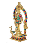 Brass Lord Kartikeya Murugan idol, three-quarter view, colorful jeweled details on base