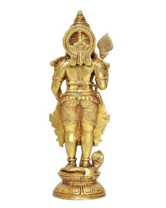 Brass Kartikeya Murugan statue rear view, circular halo and emblem, standing on base