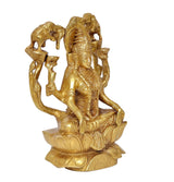 Brass Lakshmi idol statue, side view on lotus base, elephant trunk arms