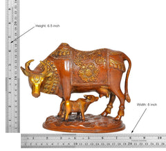 Brass cow and calf statue, dimensions shown: height 6.5 in, width 8 in