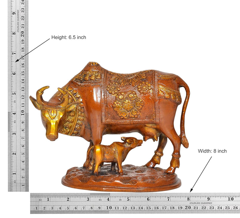 Brass Kamdhenu Cow with Calf for Home Decor Pooja Mandir Temple Office Decorative Showpiece Statue (Height: 6.5 Inch)