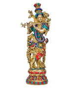 Escultura Krishna de latón tocando flauta, 15 in, corona y vestidura azul con rojo