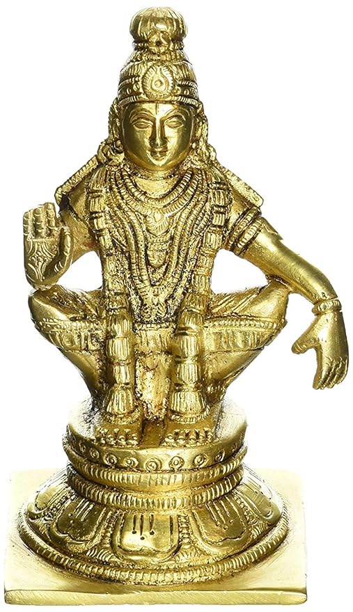 Gold brass seated Lord Ayyappan statue with detailed jewelry and sculpted base